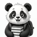 Cute panda bear illustration carries stack books wearing school backpack. Smiling panda character ready school, kindergarten. Royalty Free Stock Photo