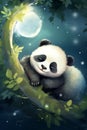 a cute panda bear at night up on a tree branch - generative AI