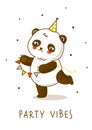 Cute panda bear with party flags isolated on white - cartoon character for happy Birthday design