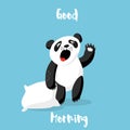 Cute panda bear with pillow wakes up. Good morning card. Vector