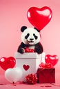 Cute panda bear with a red heart shaped balloons and a gift box. Valentine's Day, Women's Day design concept. Royalty Free Stock Photo