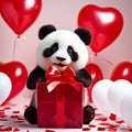 Cute panda bear with a red heart shaped balloons and a gift box. Valentine's Day, Women's Day design concept. Royalty Free Stock Photo