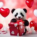 Cute panda bear with a red heart shaped balloons and a gift box. Valentine's Day, Women's Day design concept. Royalty Free Stock Photo