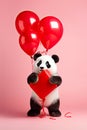 Cute panda bear with a red heart shaped balloons and a gift box. Valentine's Day, Women's Day design concept. Royalty Free Stock Photo