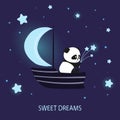 Cute panda bear on ship with moon sail. Sweet dreams Royalty Free Stock Photo