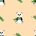 Cute panda on a beige background with a bamboo branch