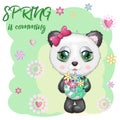 Cute panda with big eyes and a bouquet of flowers, Spring is coming