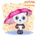 Cute panda with big eyes and an umbrella on the background of falling leaves and rain, Autumn is coming Royalty Free Stock Photo