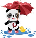 Cute panda with boots and yellow duck holding an umbrella.cdr