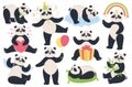 Cute panda. Cartoon funny pandas eating bamboo, sleeping, sitting, holding balloons. Happy asian bears mascot in