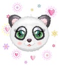 Cute panda cartoon girl face with bright expressive eyes with flowers and stars