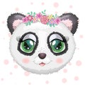 Cute panda cartoon girl face with bright expressive eyes with flowers and stars