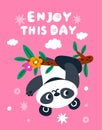 Cute panda. Cartoon greeting card. Animal character on eucalyptus branch. Asian baby mammal enjoying. Adorable Chinese