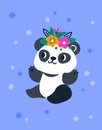 Cute panda. Cartoon greeting card. Animal character with flowers wreath. Asian baby mammal. Adorable Chinese jungle bear