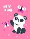 Cute panda. Cartoon greeting card. Playful animal character catching butterflies. Asian baby mammal enjoying. Adorable