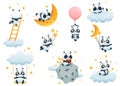 Cute Panda Character on Soft Clouds Enjoying Bright Star Vector Set Royalty Free Stock Photo