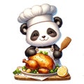 cute panda chef baking a chicken watercolor Clipart AI Generate
