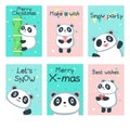 Cute panda Christmas cards vector template set