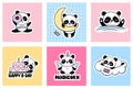 Cute Panda Colorful Cards. Unicorn, Happy Birthday Cake, Sleeping on the Moon and Cloud Animals Royalty Free Stock Photo