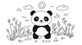 Cute Panda Bear Standing in Grass, Simple Line Art, Animal Drawing for Kids Royalty Free Stock Photo