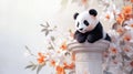 Cute Panda Resting on Pedestal Surrounded by Blooming Cherry Blossoms Royalty Free Stock Photo