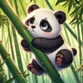 A cute panda cub clumsily climbs a bamboo stalk, its ears flopping, with every frustrated bounce, cartoon, digital anime art Royalty Free Stock Photo