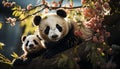 Cute panda cub eating bamboo, sitting in green forest generated by AI Royalty Free Stock Photo