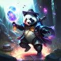 A cute panda dressed as a witch with a lantern in his hand. Generative AI