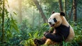 Cute Panda Eating Bamboo in Forest Among Greenery Royalty Free Stock Photo