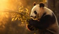 Cute panda eating bamboo in the forest at sunset generated by AI Royalty Free Stock Photo