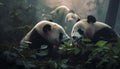 Cute panda eating bamboo in the tranquil forest generated by AI