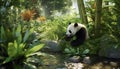 Cute panda eating bamboo in tranquil tropical rainforest generated by AI