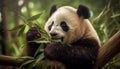 A cute panda eating bamboo in the tropical rainforest generated by AI Royalty Free Stock Photo