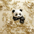 Cute Panda Bear Surrounded by Delicate Gold Flowers and Roses, Luxury Design Royalty Free Stock Photo
