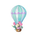 Cute panda is flying in a balloon surrounded by flowers