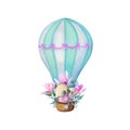 Cute panda is flying in a balloon surrounded by flowers