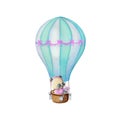 Cute panda is flying in a hot air balloon