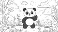 Cute Panda Waving in a Whimsical Forest Scene - Line Art for Coloring Royalty Free Stock Photo