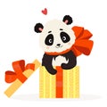 Cute panda in gift box with big red bow. Vector illustration. Cute animal for greeting cards, childrens collection Royalty Free Stock Photo