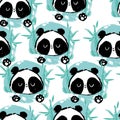 Cute panda on a green background with bamboos pattern seamless. Vector illustration.