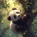 Cute panda hanging on a tree in a fairy forest