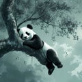 Cute panda hanging on a tree in a fairy forest