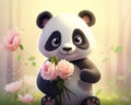 The cute panda has a bouquet of flowers in its paws.