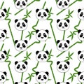Cute panda head on green bamboo branch with leaves background asia tropical zen seamless pattern vector Royalty Free Stock Photo