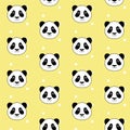 Cute panda head on white dots yellow background seamless pattern