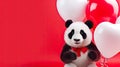 A cute panda holding a heart-shaped balloon, heart shaped balloons in the background. An adorable panda surrounded Royalty Free Stock Photo