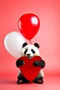 A cute panda holding a heart-shaped balloon, heart shaped balloons in the background. An adorable panda surrounded Royalty Free Stock Photo
