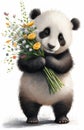 Cute panda holds a bouquet of flowers in its paws. AI generated