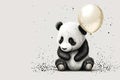 A cute panda holds a golden balloon in its paw on a light background with copy space.Generated AI