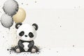 A cute panda holds a golden and grey balloons in its paw on a white background with copy space.